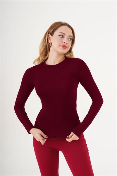 Bisiklet Yaka Basic Uzun Kol Body Bordo Bluz