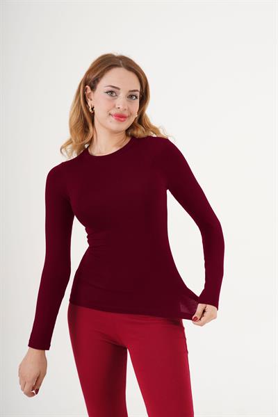 Bisiklet Yaka Basic Uzun Kol Body Bordo Bluz