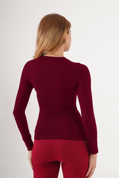 Bisiklet Yaka Basic Uzun Kol Body Bordo Bluz