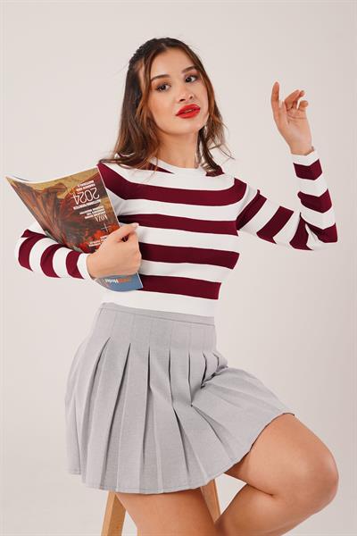 Bisiklet Yaka Bordo Kalın Çizgili Crop