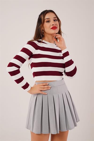 Bisiklet Yaka Bordo Kalın Çizgili Crop