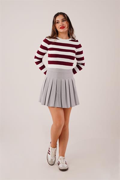 Bisiklet Yaka Bordo Kalın Çizgili Crop