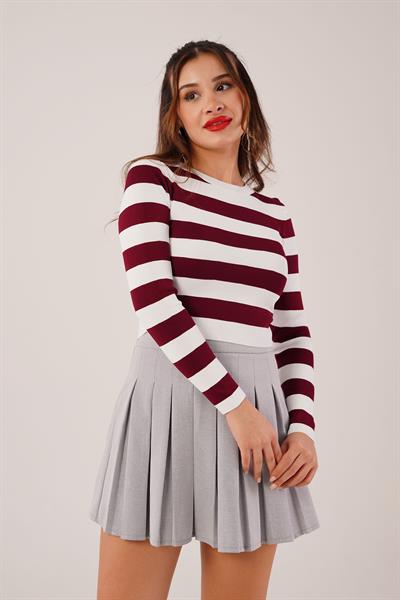 Bisiklet Yaka Bordo Kalın Çizgili Crop