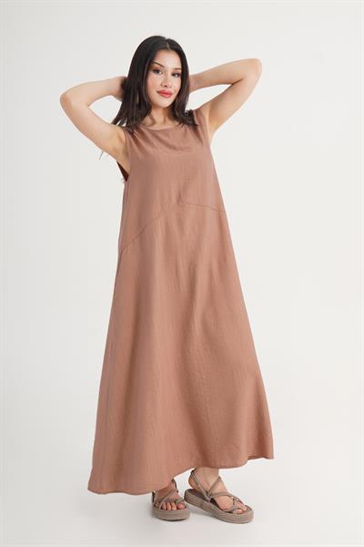 Bisiklet Yaka Cepli Krinkıl Kahve Kolsuz Elbise