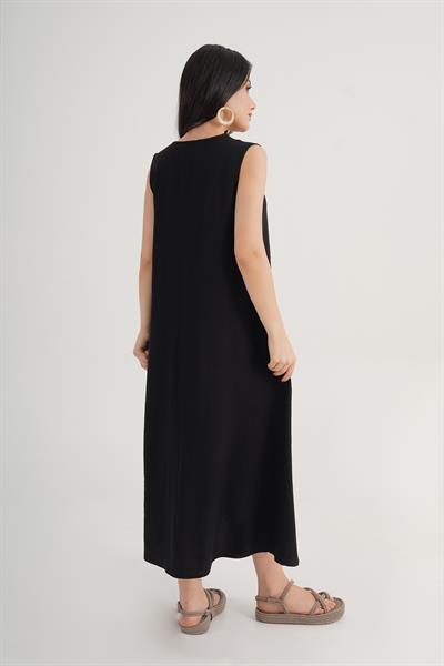 Bisiklet Yaka Cepli Krinkıl Siyah Kolsuz Elbise