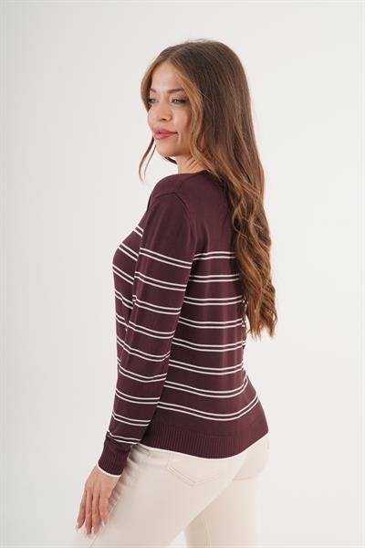 Bisiklet Yaka Çizgili Bordo İnce Triko Kazak