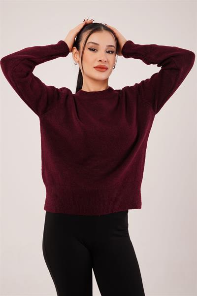 Bisiklet Yaka Düz Model Bordo Triko Kazak