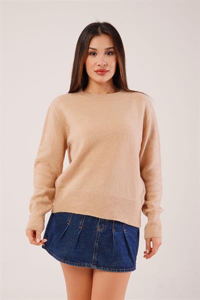 Bisiklet Yaka Düz Model Camel Triko Kazak