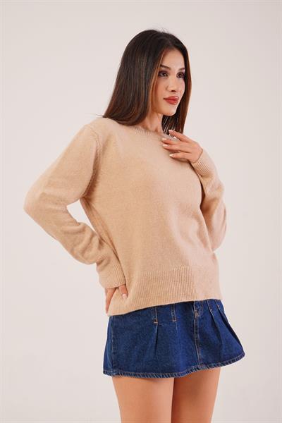 Bisiklet Yaka Düz Model Camel Triko Kazak