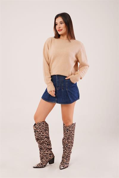 Bisiklet Yaka Düz Model Camel Triko Kazak