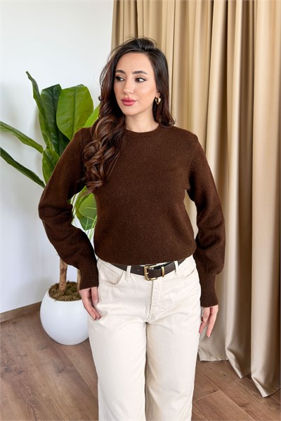 Bisiklet Yaka Düz Model Kahve Triko Kazak