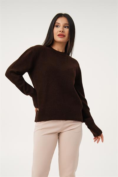 Bisiklet Yaka Düz Model Kahve Triko Kazak