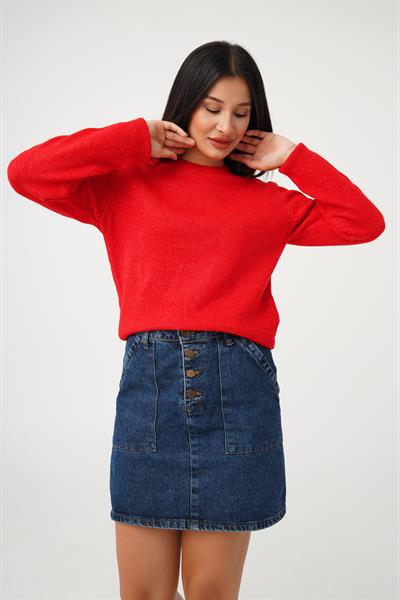 Bisiklet Yaka Düz Model Kırmızı Triko Kazak