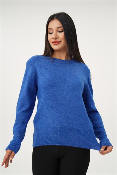 Bisiklet Yaka Düz Model Saks Triko Kazak