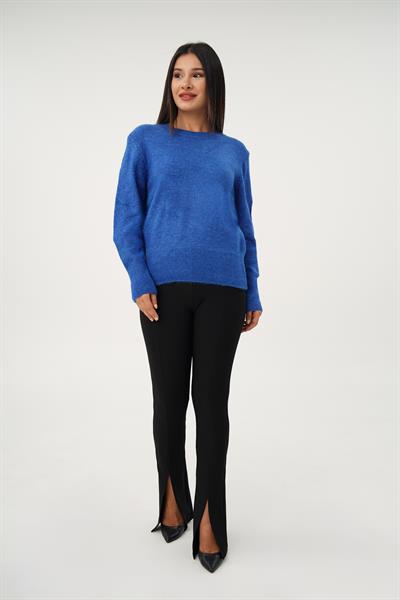 Bisiklet Yaka Düz Model Saks Triko Kazak