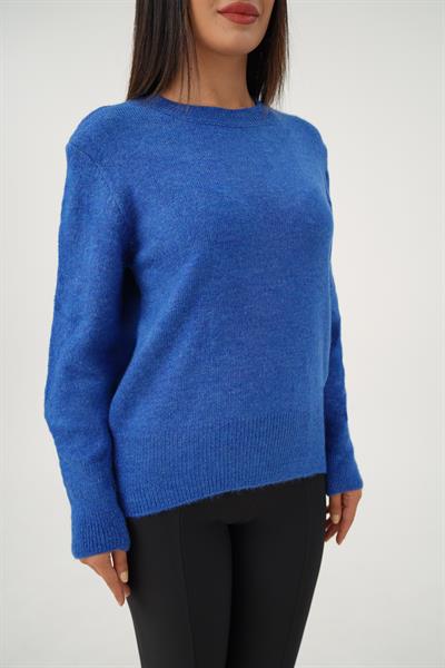 Bisiklet Yaka Düz Model Saks Triko Kazak