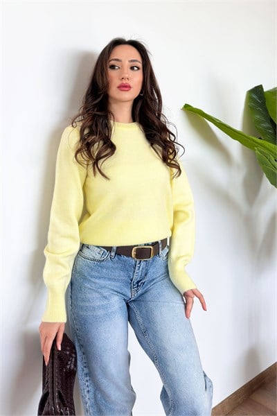 Bisiklet Yaka Düz Model Sarı Triko Kazak