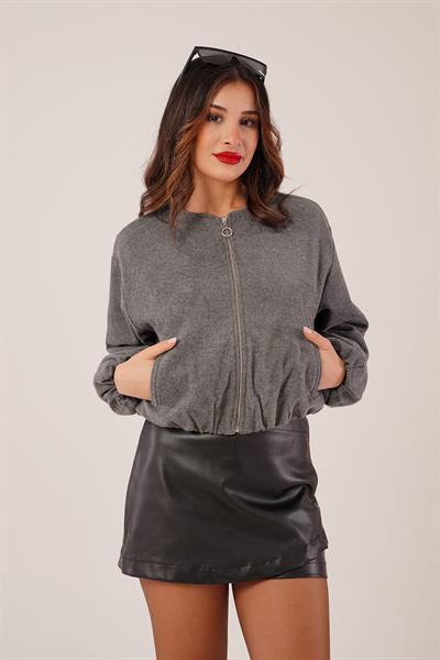 Bisiklet Yaka Fermuarlı Gri Bomber Ceket