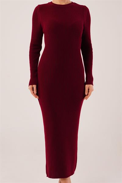 Bisiklet Yaka Fitilli Model Bordo Uzun Triko Elbise
