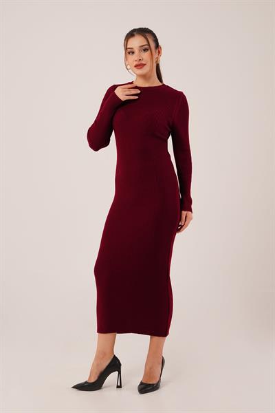 Bisiklet Yaka Fitilli Model Bordo Uzun Triko Elbise