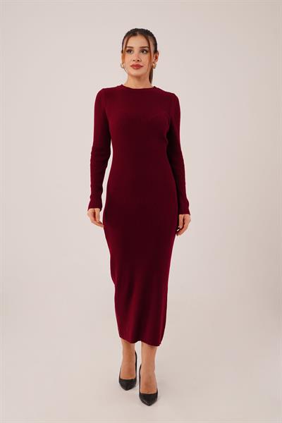 Bisiklet Yaka Fitilli Model Bordo Uzun Triko Elbise