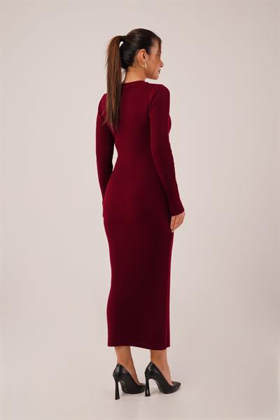 Bisiklet Yaka Fitilli Model Bordo Uzun Triko Elbise