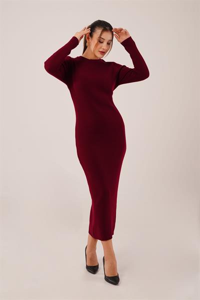Bisiklet Yaka Fitilli Model Bordo Uzun Triko Elbise