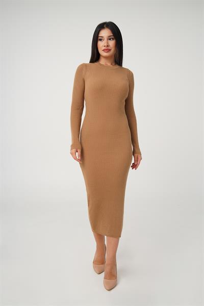 Bisiklet Yaka Fitilli Model Camel Uzun Triko Elbise