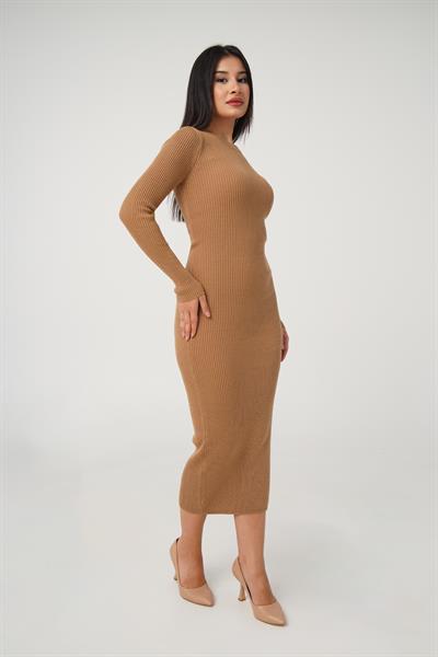 Bisiklet Yaka Fitilli Model Camel Uzun Triko Elbise
