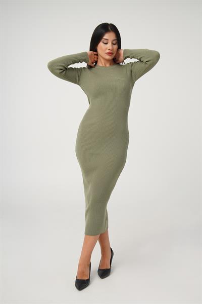 Bisiklet Yaka Fitilli Model Haki Uzun Triko Elbise