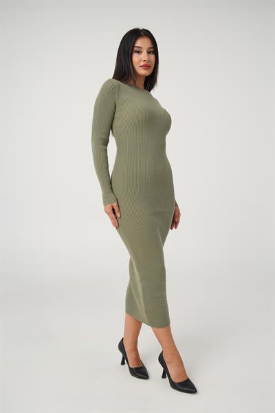 Bisiklet Yaka Fitilli Model Haki Uzun Triko Elbise