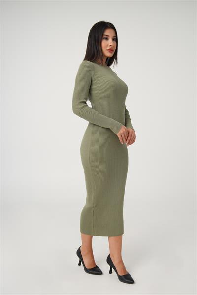 Bisiklet Yaka Fitilli Model Haki Uzun Triko Elbise