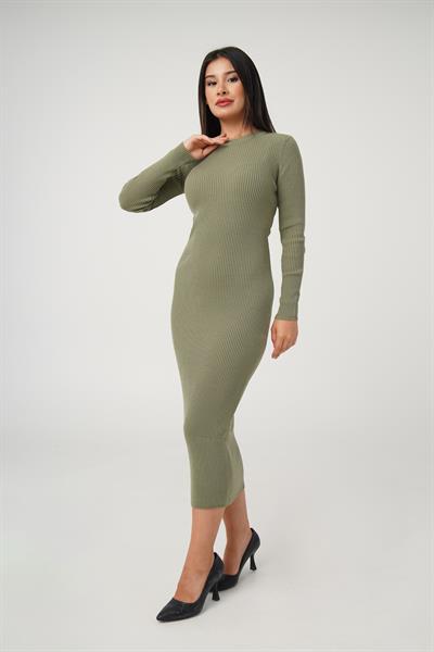 Bisiklet Yaka Fitilli Model Haki Uzun Triko Elbise