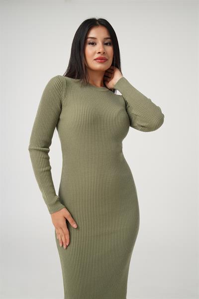 Bisiklet Yaka Fitilli Model Haki Uzun Triko Elbise