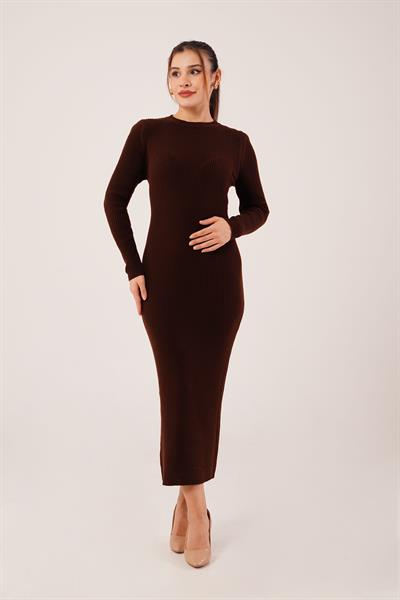 Bisiklet Yaka Fitilli Model Kahve Uzun Triko Elbise