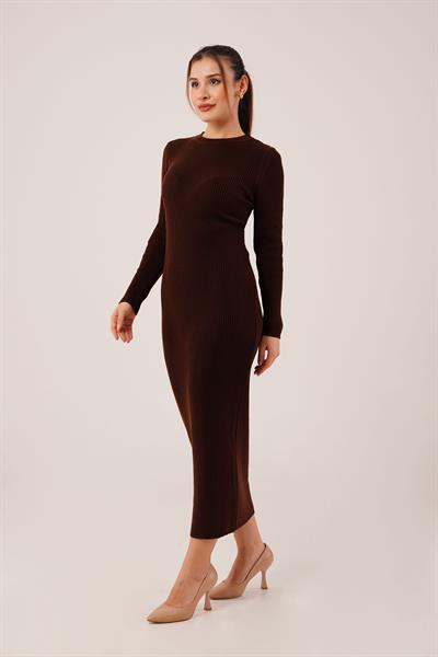 Bisiklet Yaka Fitilli Model Kahve Uzun Triko Elbise