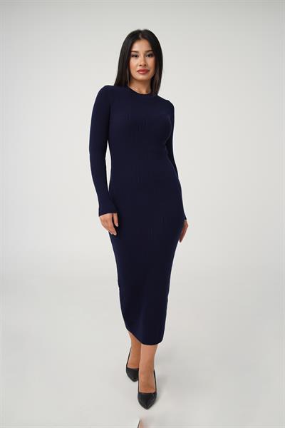 Bisiklet Yaka Fitilli Model Lacivert Uzun Triko Elbise