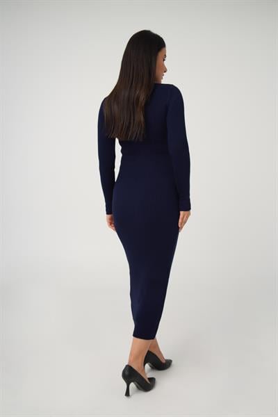 Bisiklet Yaka Fitilli Model Lacivert Uzun Triko Elbise