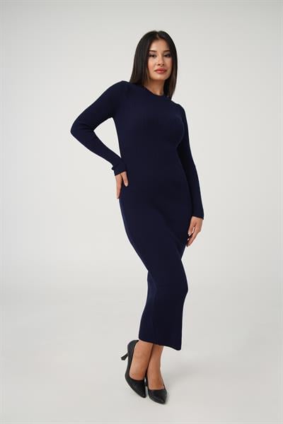 Bisiklet Yaka Fitilli Model Lacivert Uzun Triko Elbise