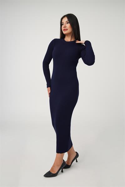 Bisiklet Yaka Fitilli Model Lacivert Uzun Triko Elbise