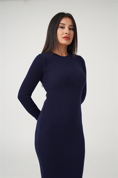 Bisiklet Yaka Fitilli Model Lacivert Uzun Triko Elbise