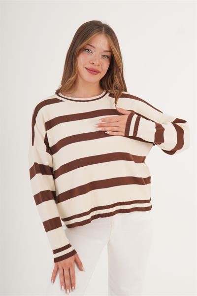 Bisiklet Yaka Kalın Bej Çizgili Triko Kazak