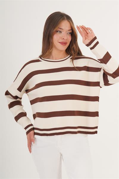Bisiklet Yaka Kalın Bej Çizgili Triko Kazak