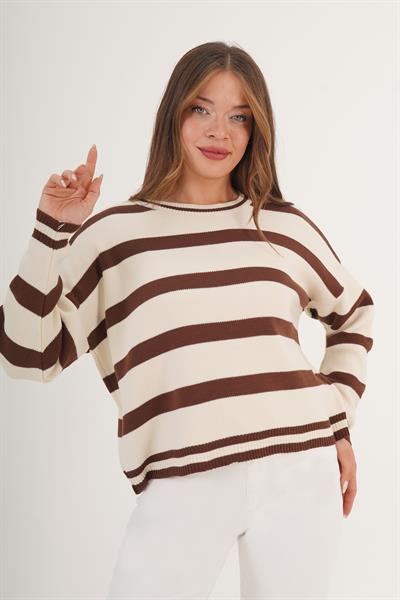 Bisiklet Yaka Kalın Bej Çizgili Triko Kazak