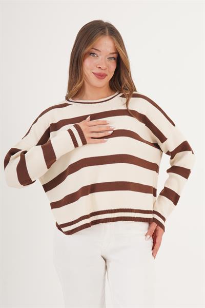 Bisiklet Yaka Kalın Bej Çizgili Triko Kazak