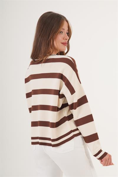 Bisiklet Yaka Kalın Bej Çizgili Triko Kazak