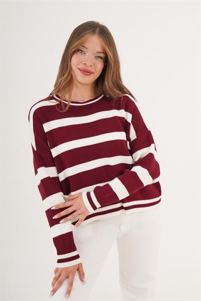 Bisiklet Yaka Kalın Bordo Çizgili Triko Kazak