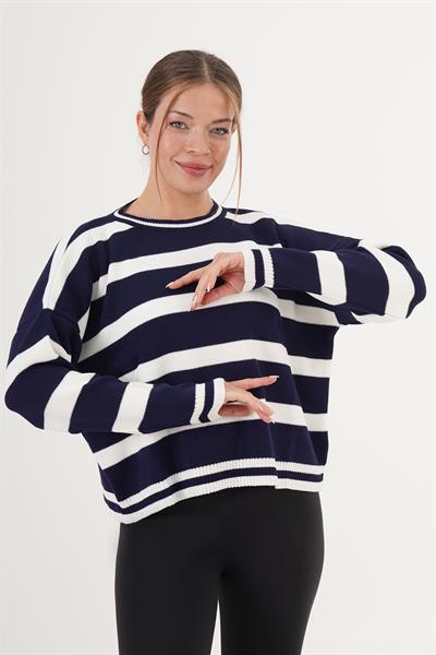 Bisiklet Yaka Kalın Lacivert Çizgili Triko Kazak