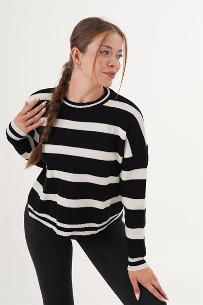 Bisiklet Yaka Kalın Siyah Çizgili Triko Kazak