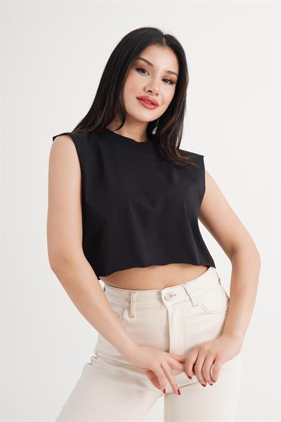 Bisiklet Yaka Kolsuz Salaş Crop Tişört Siyah